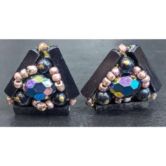 Vintage West Germany Earrings, Beaded, Triangular, Aurora Borealis Glass Bead - Picture 1 of 4